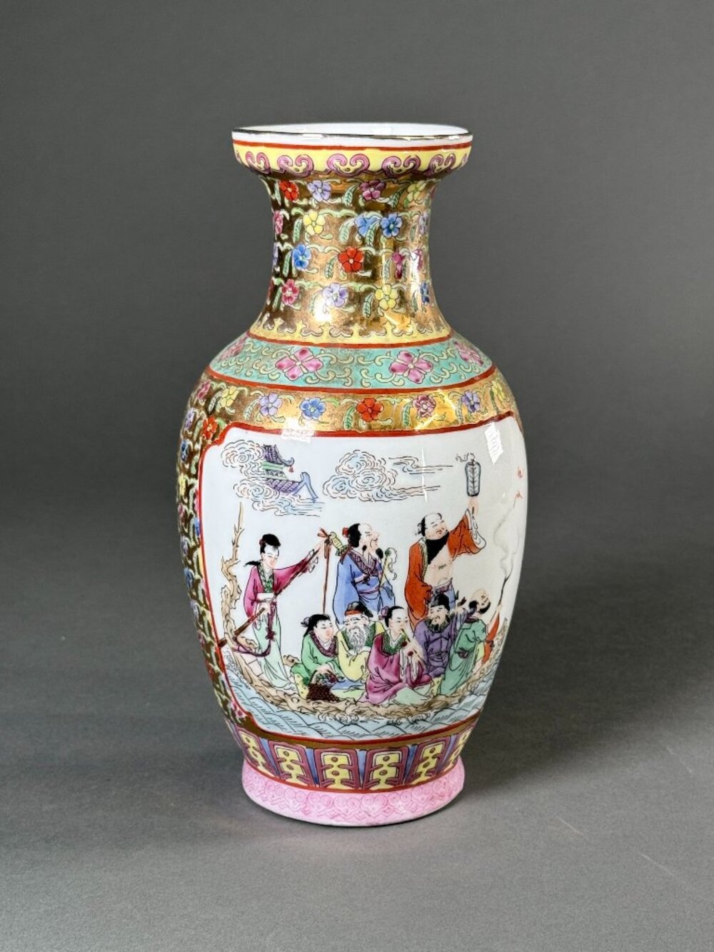 Vintage Chinese Famille Rose Porcelain Vase Eight Immortals Crossing Sea 10"
